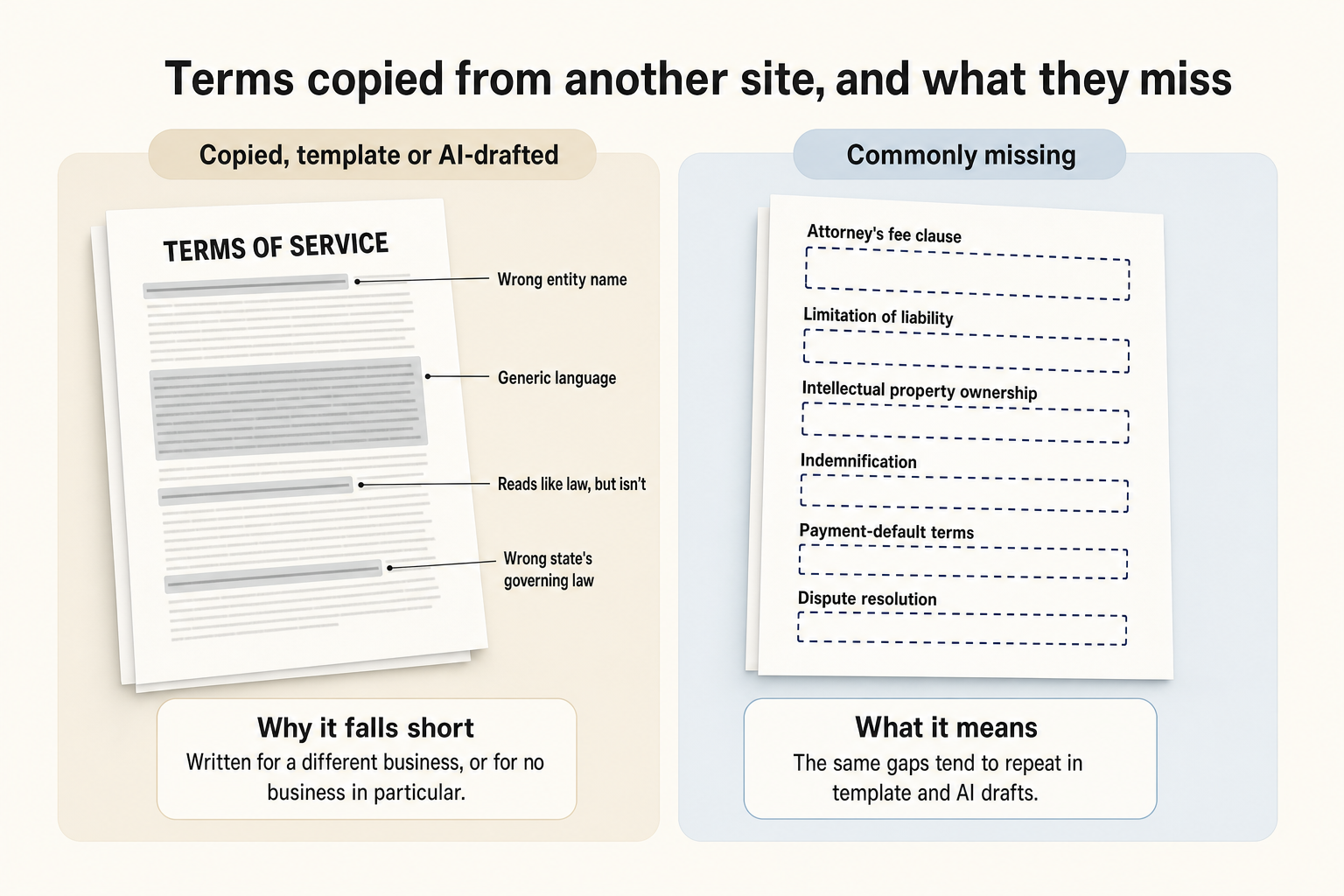 A website terms of service page marked with four problems: wrong entity name, generic language, a clause that reads like law but isn't, and the wrong state's governing law. A second page shows six empty sections for protections that are commonly missing: attorney's fee clause, limitation of liability, intellectual property ownership, indemnification, payment-default terms and dispute resolution.